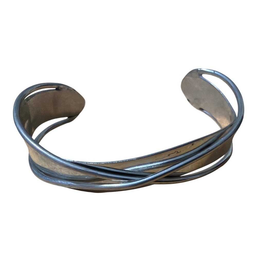 Silver Tone Sculptural Overlapping Band Open Cuff Bracelet Statement Gift